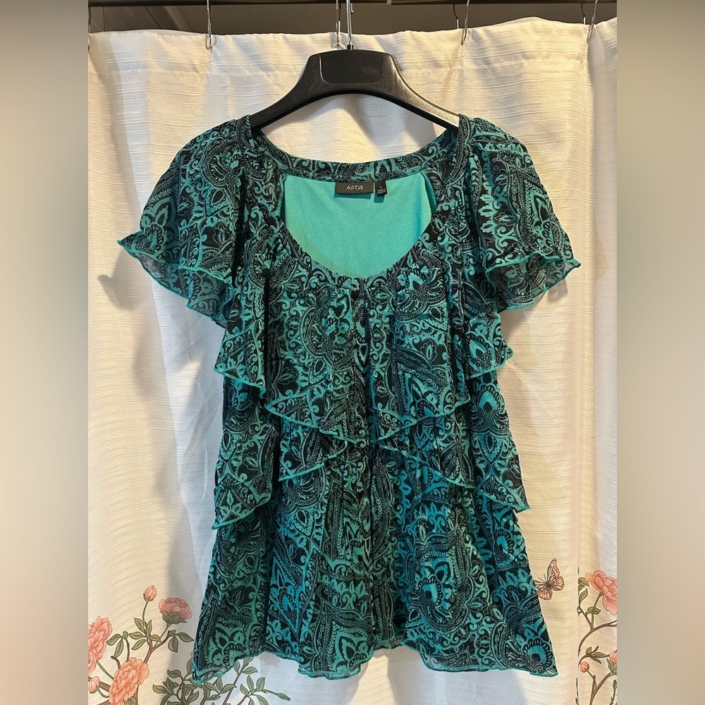 Apt. 9 Women's Turquoise Patterned Ruffle Blouse